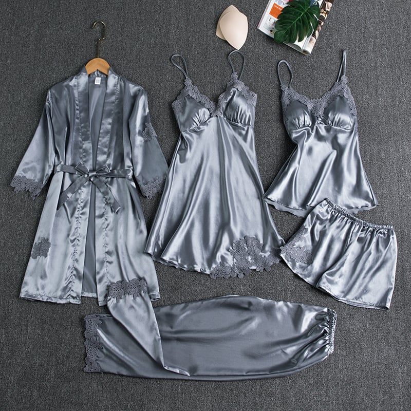 Rebecca | 5-Piece Satin and Lace Sleepwear Set