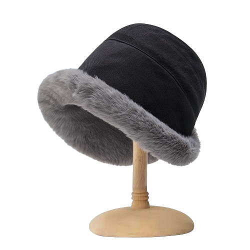 Faux-fur trim corduroy cloche hat