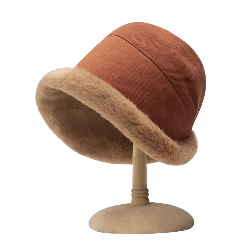 Faux-fur trim corduroy cloche hat
