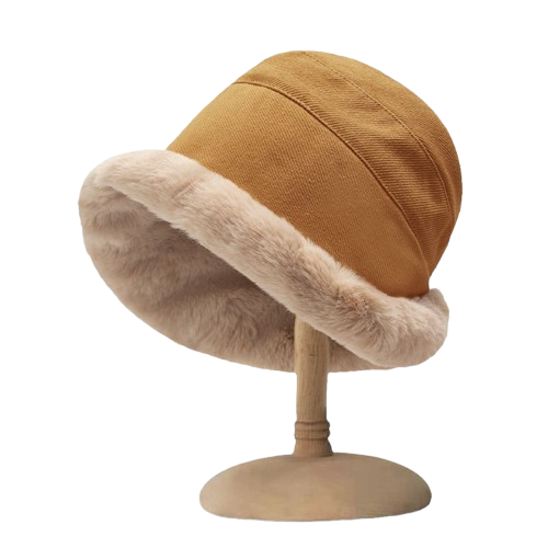 Faux-fur trim corduroy cloche hat