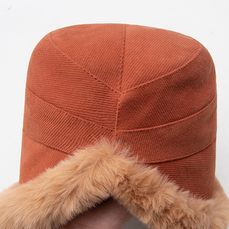 Faux-fur trim corduroy cloche hat
