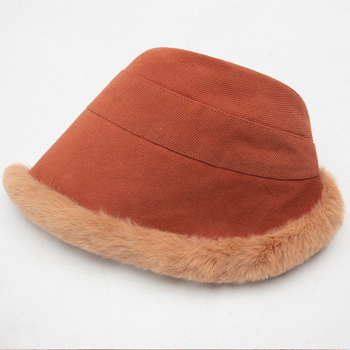 Faux-fur trim corduroy cloche hat