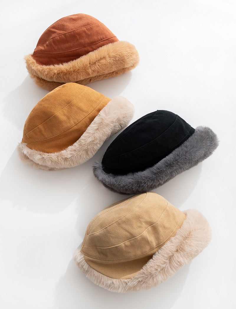 Faux-fur trim corduroy cloche hat