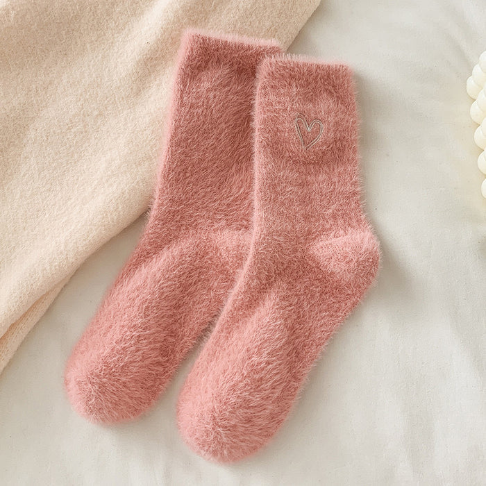 Soft Fuzzy Cozy Socks with Sweet Heart Embroidery