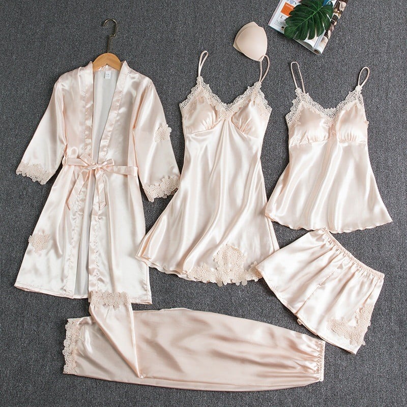 Rebecca | 5-Piece Satin and Lace Sleepwear Set