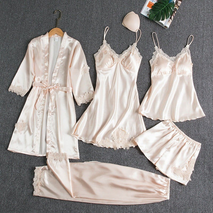 Rebecca | 5-Piece Satin and Lace Sleepwear Set